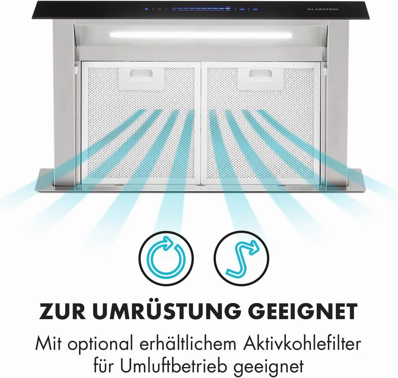 Klarstein Royal Flush Eco Island Cooker Hood - Retractable, Ducted/Recirculation, 60Db, Touch Control, LED Lighting, 60 Cm, Black, Ducting capacity: 576 M/H