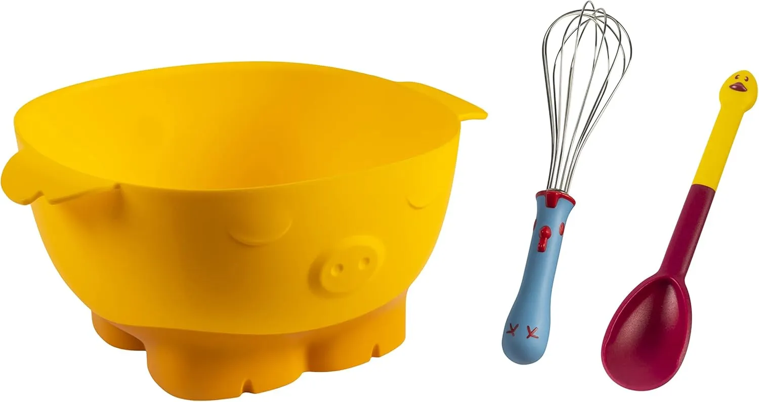 Kuhn Rikon Kinderkitchen Kids Mixing Set | Pig Mixing Bowl, Rooster Whisk & Goose Stirring Spoon | Child-Friendly Kitchen Tools for Real Cooking