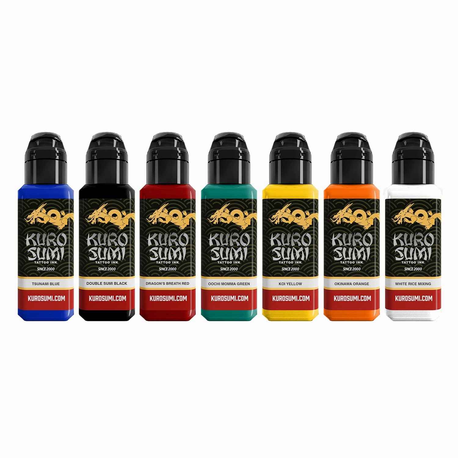 Kuro Sumi Japanese Tattoo Color Ink Set, Vegan Professional Tattooing Inks, Master Set 7 Bottles, 1.5 Fluid Ounce