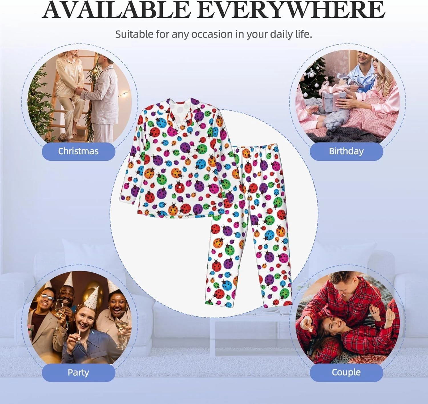 Ladybug Pajamas Long Sleeve Pajama Set Male Pj Sets Button Down Top Elastic Bottoms Breathable Loungewear Sleepwear