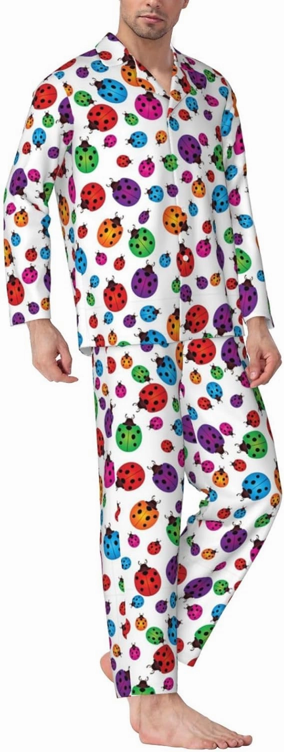 Ladybug Pajamas Long Sleeve Pajama Set Male Pj Sets Button Down Top Elastic Bottoms Breathable Loungewear Sleepwear