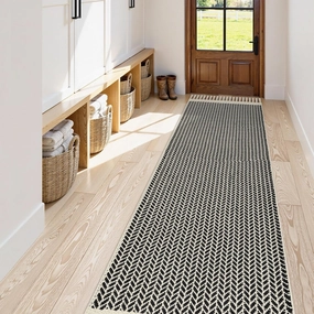 Lahome Boho Kitchen Runner, 2'6''x8 Runners for Hallways Lightweight Bath Mat Woven Washable Runner Rug with Tassels, Farmhouse Non Shedding Black Rug for Bedroom Living Room