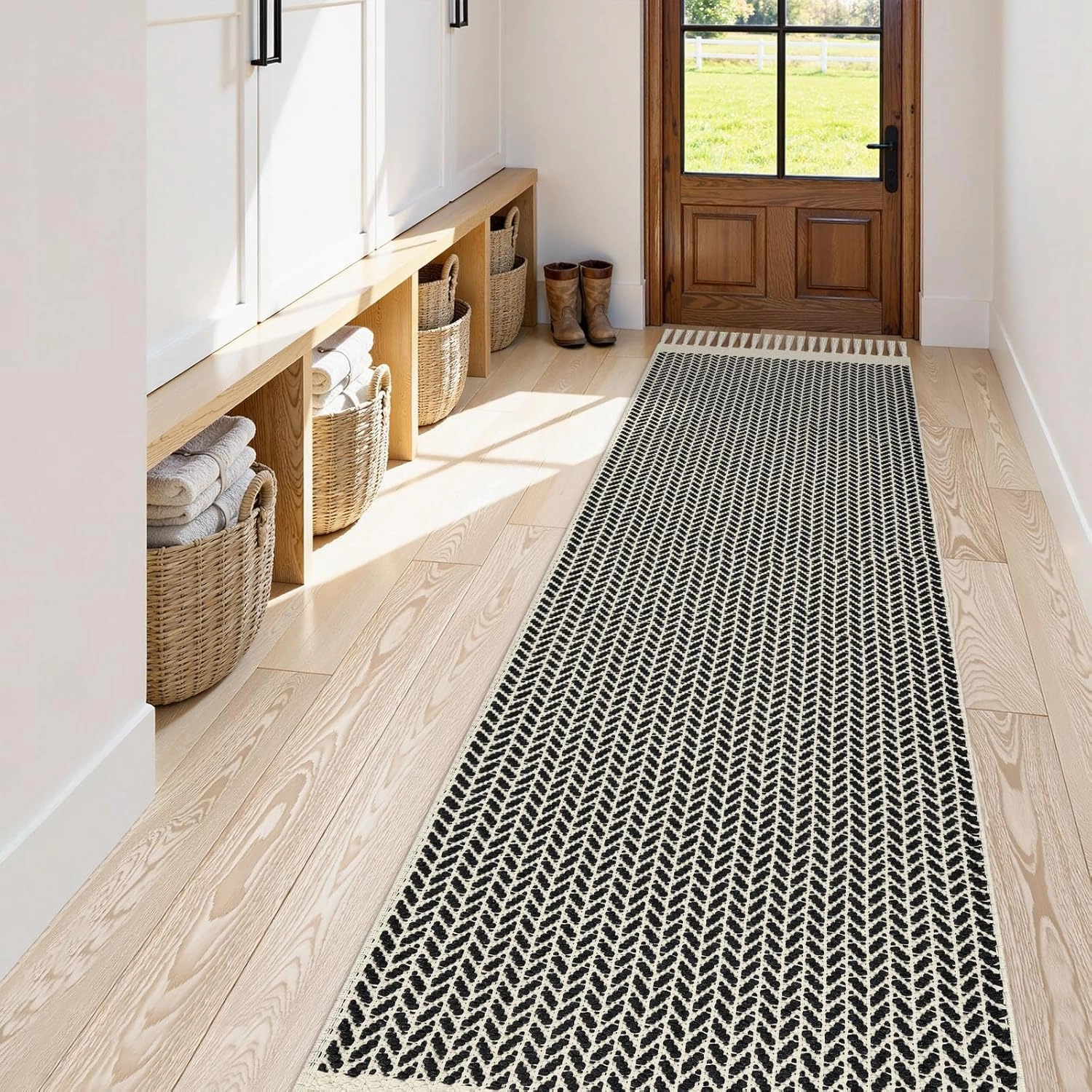 Lahome Boho Kitchen Runner, 2'6''x8 Runners for Hallways Lightweight Bath Mat Woven Washable Runner Rug with Tassels, Farmhouse Non Shedding Black Rug for Bedroom Living Room