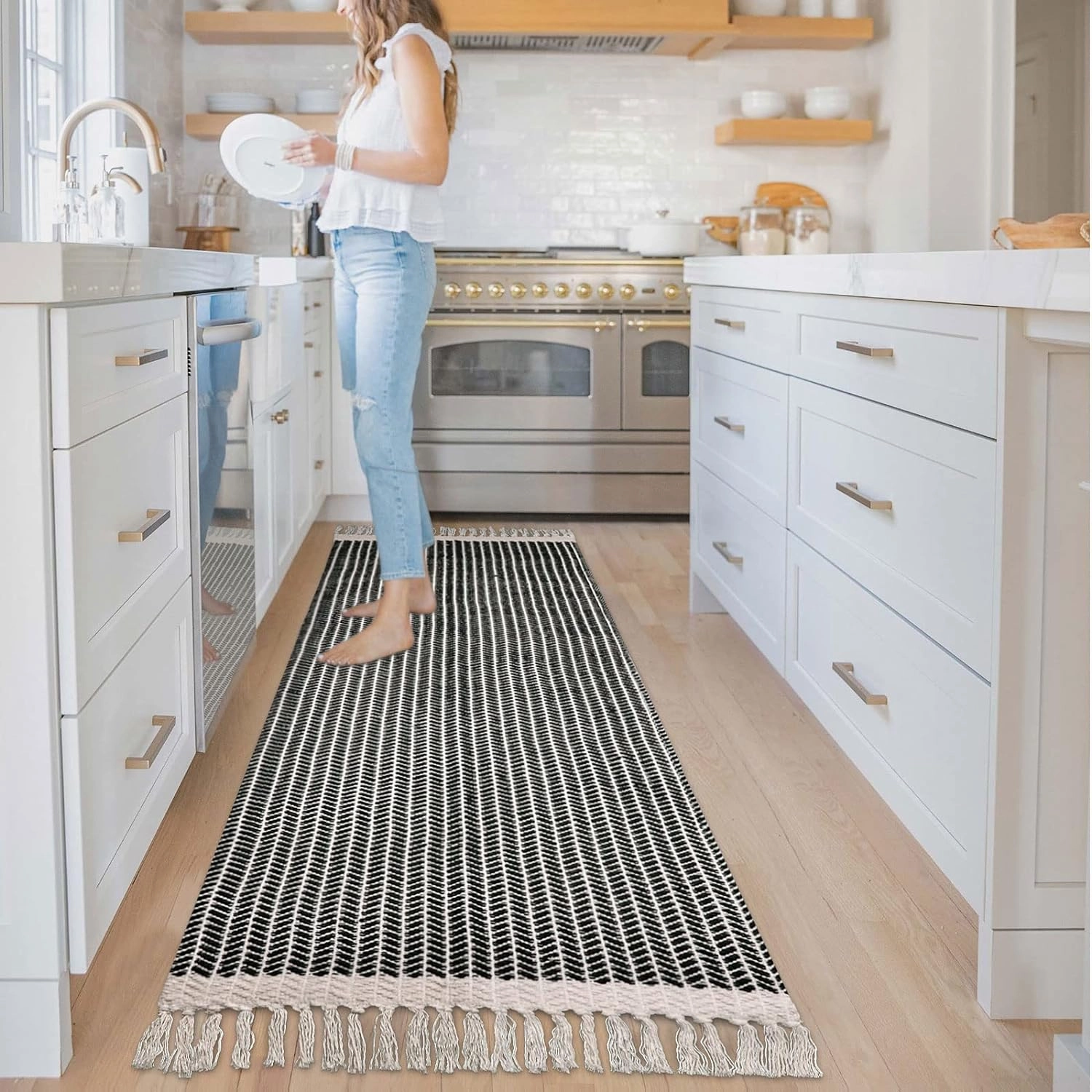 Lahome Boho Kitchen Runner, 2'6''x8 Runners for Hallways Lightweight Bath Mat Woven Washable Runner Rug with Tassels, Farmhouse Non Shedding Black Rug for Bedroom Living Room