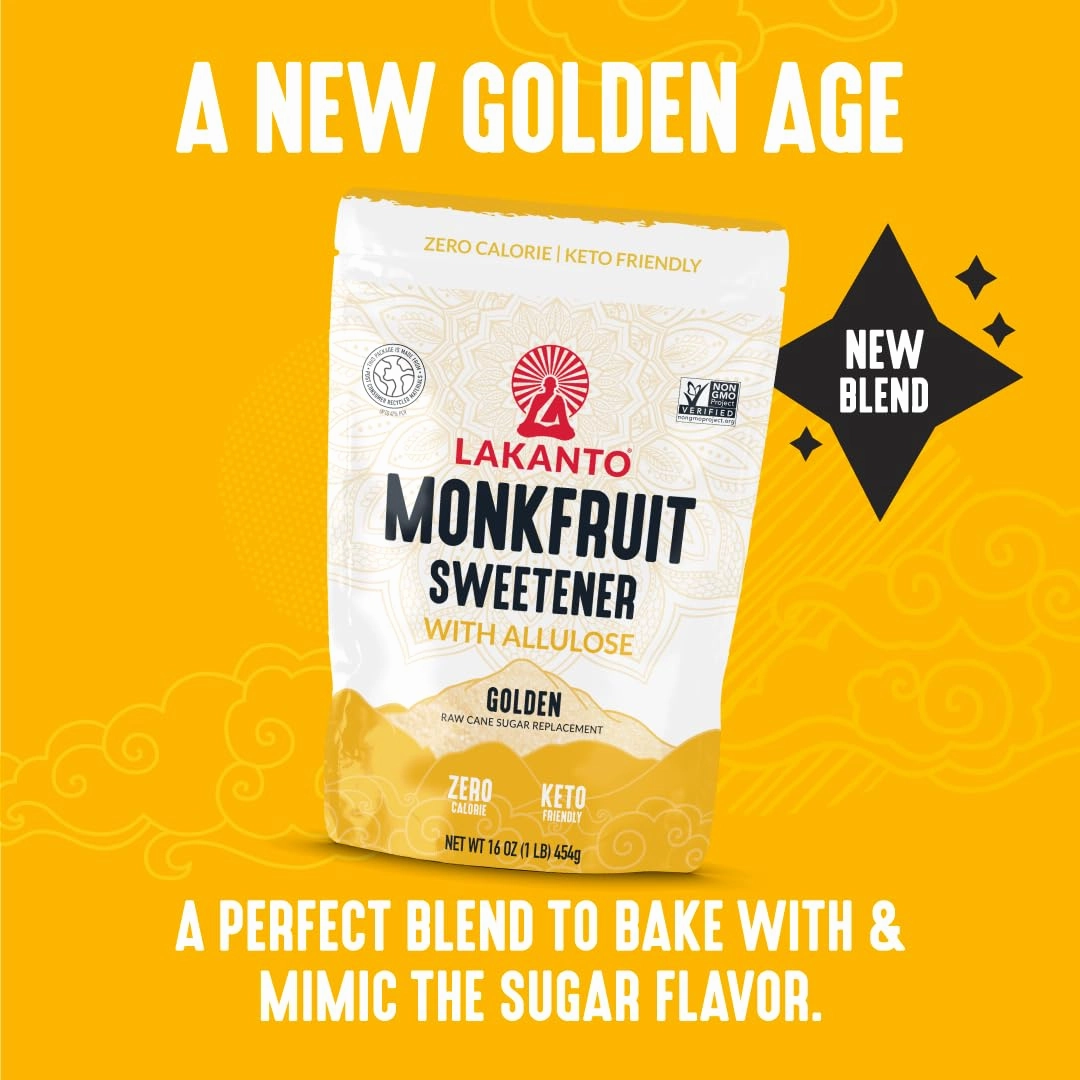 Lakanto Golden Monk Fruit Sweetener With Allulose, Raw Cane Sugar Substitute From Monk Fruit Extract, Raw Sugar Replacement for Baking, Coffee & Tea, Gluten Free, Low Carb, Non GMO, Keto, 3 LB Bag