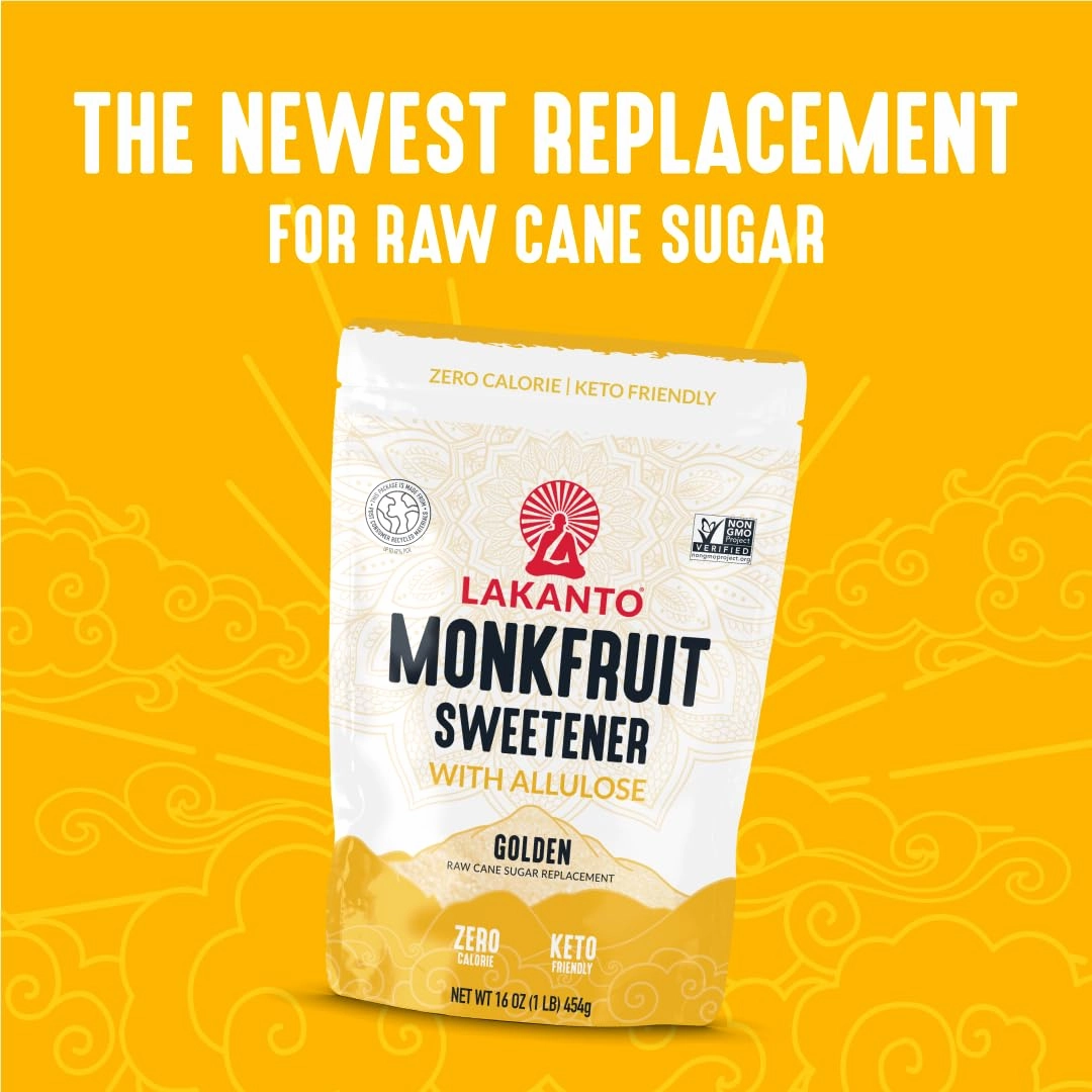 Lakanto Golden Monk Fruit Sweetener With Allulose, Raw Cane Sugar Substitute From Monk Fruit Extract, Raw Sugar Replacement for Baking, Coffee & Tea, Gluten Free, Low Carb, Non GMO, Keto, 3 LB Bag