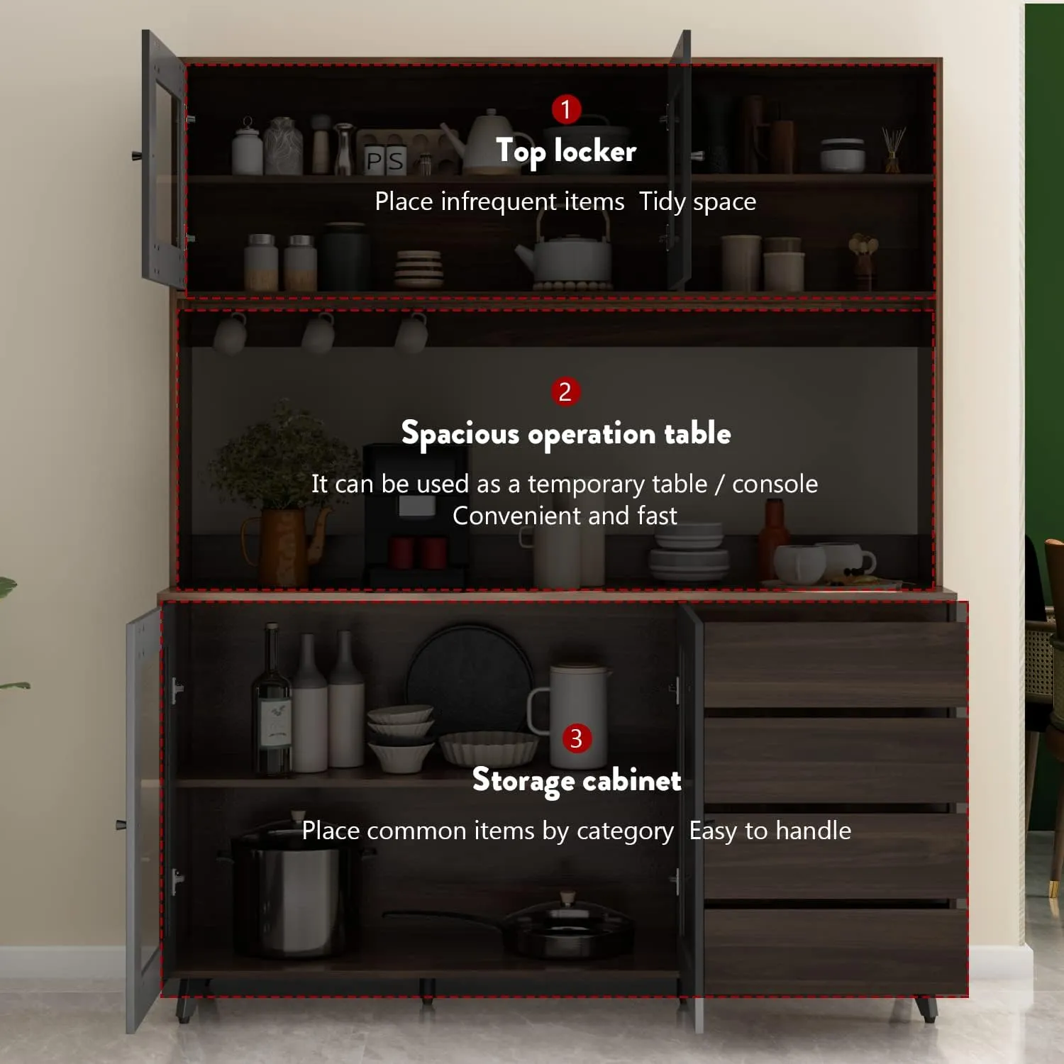 Large Kitchen Hutch Cabinet, Storage Cupboard Pantry with 4 Glass Doors, 4 Drawers & Microwave Shelf, for Kitchen Open Storage, Rustic Brown (63" W x 15.7" D x 74.8" H)
