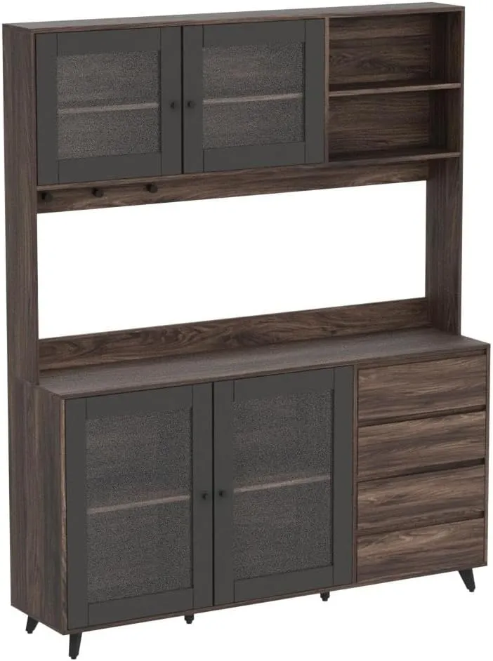Large Kitchen Hutch Cabinet, Storage Cupboard Pantry with 4 Glass Doors, 4 Drawers & Microwave Shelf, for Kitchen Open Storage, Rustic Brown (63" W x 15.7" D x 74.8" H)