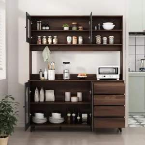 Large Kitchen Hutch Cabinet, Storage Cupboard Pantry with 4 Glass Doors, 4 Drawers & Microwave Shelf, for Kitchen Open Storage, Rustic Brown (63" W x 15.7" D x 74.8" H)