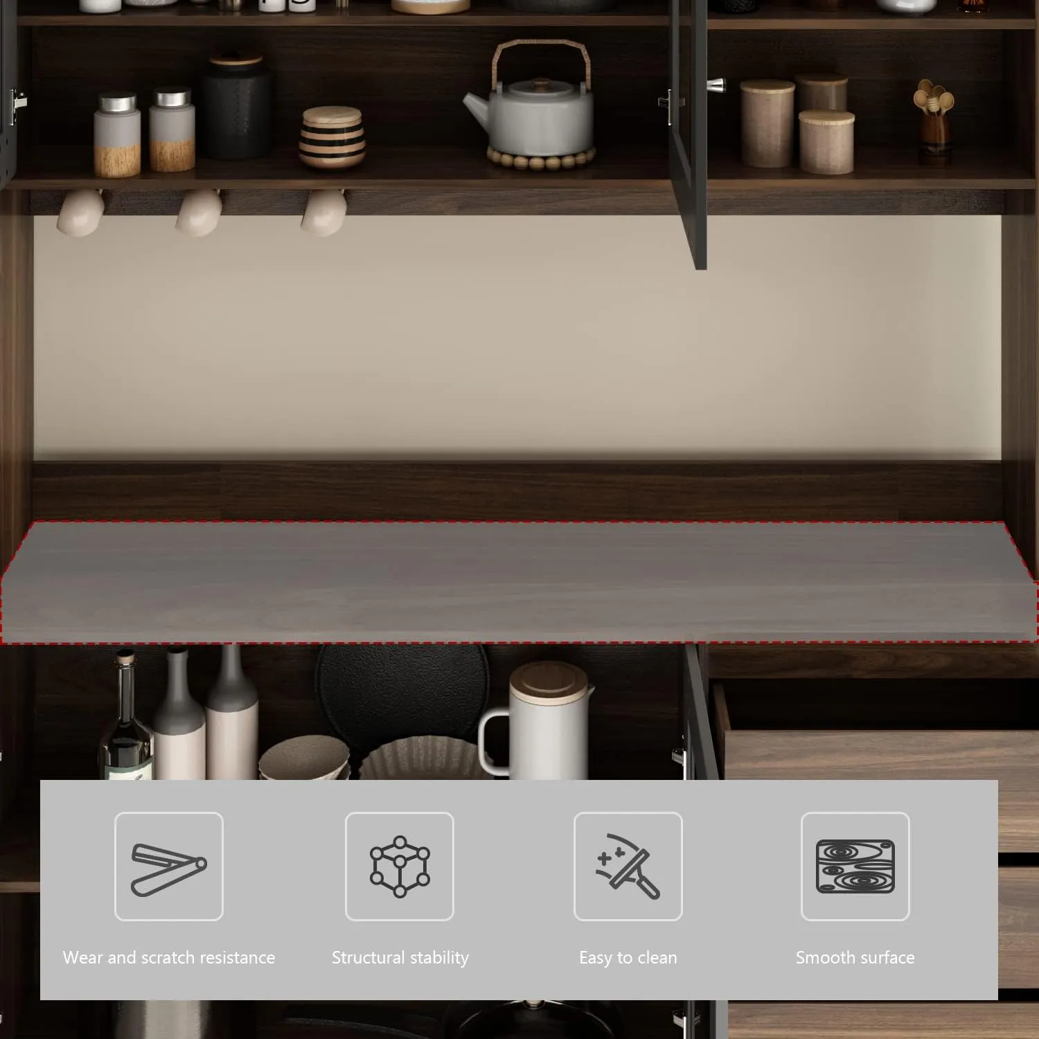 Large Kitchen Hutch Cabinet, Storage Cupboard Pantry with 4 Glass Doors, 4 Drawers & Microwave Shelf, for Kitchen Open Storage, Rustic Brown (63" W x 15.7" D x 74.8" H)