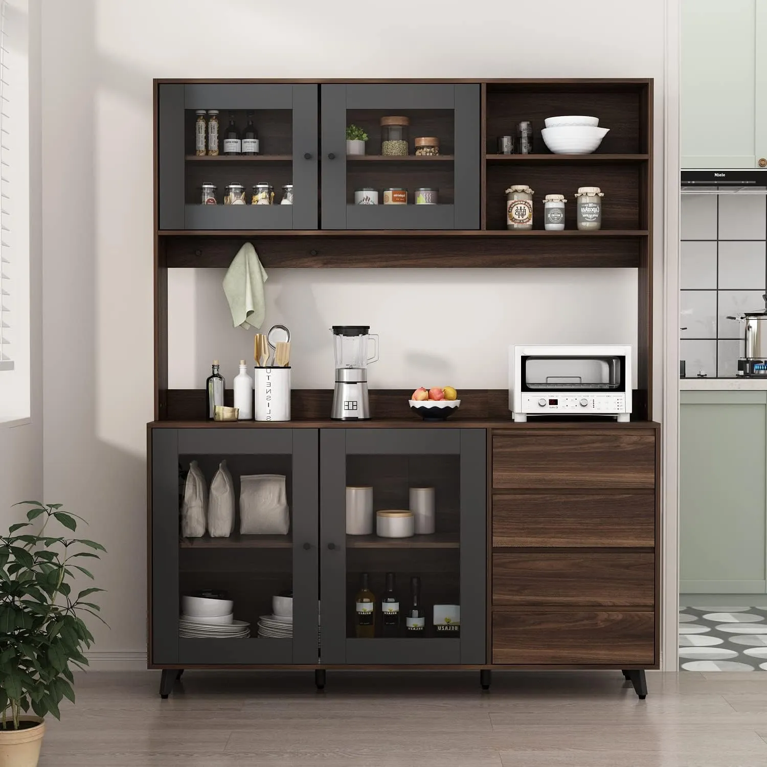 Large Kitchen Hutch Cabinet, Storage Cupboard Pantry with 4 Glass Doors, 4 Drawers & Microwave Shelf, for Kitchen Open Storage, Rustic Brown (63" W x 15.7" D x 74.8" H)