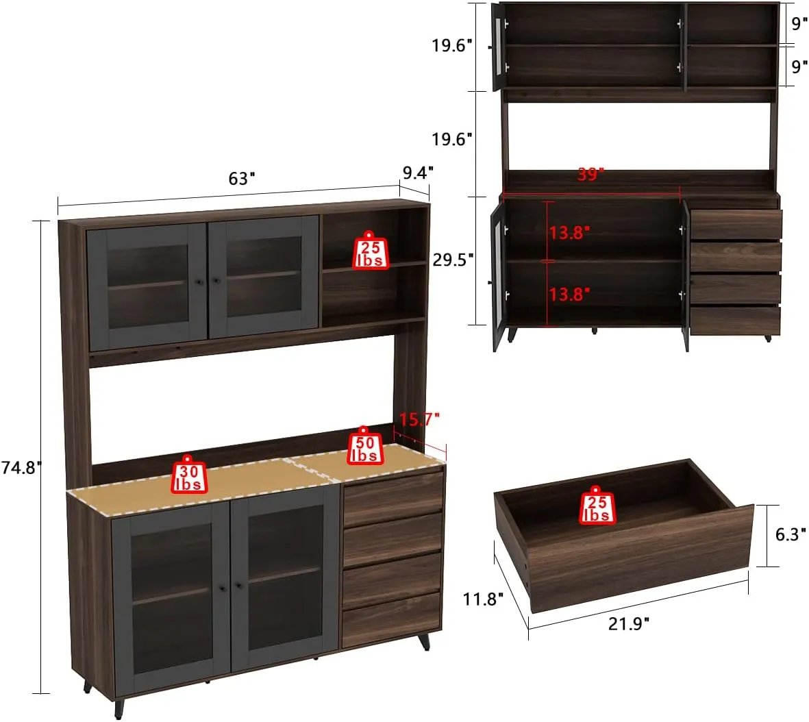 Large Kitchen Hutch Cabinet, Storage Cupboard Pantry with 4 Glass Doors, 4 Drawers & Microwave Shelf, for Kitchen Open Storage, Rustic Brown (63" W x 15.7" D x 74.8" H)