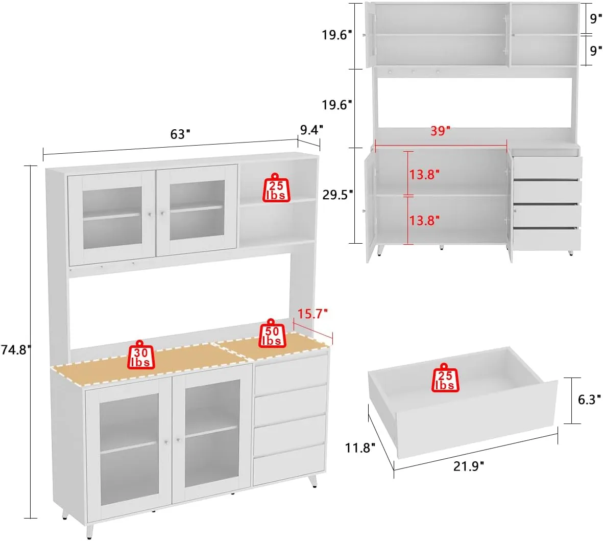 Large Kitchen Hutch Cabinet, Storage Cupboard Pantry with 4 Glass Doors, 4 Drawers & Microwave Shelf, for Kitchen Open Storage, White (63" W x 15.7" D x 74.8" H)