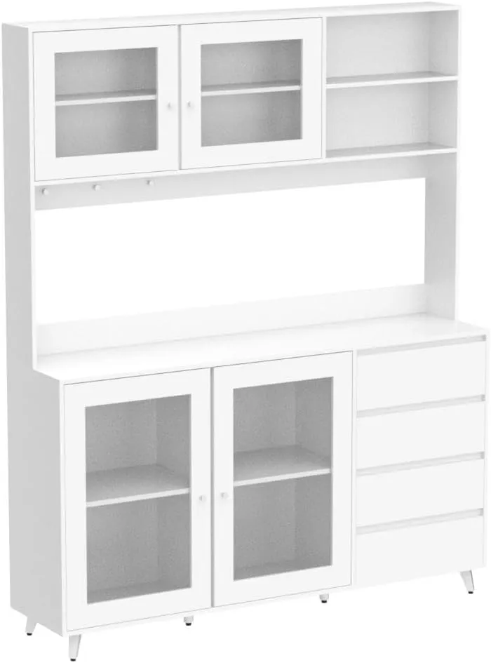 Large Kitchen Hutch Cabinet, Storage Cupboard Pantry with 4 Glass Doors, 4 Drawers & Microwave Shelf, for Kitchen Open Storage, White (63" W x 15.7" D x 74.8" H)