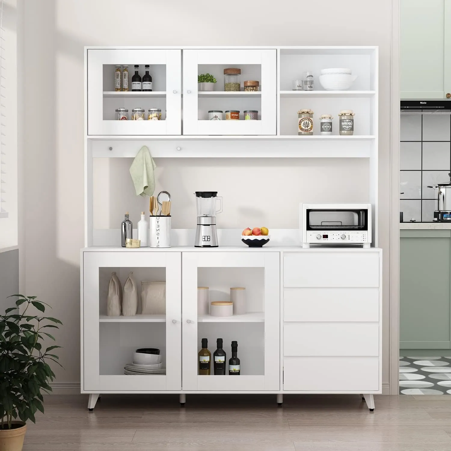 Large Kitchen Hutch Cabinet, Storage Cupboard Pantry with 4 Glass Doors, 4 Drawers & Microwave Shelf, for Kitchen Open Storage, White (63" W x 15.7" D x 74.8" H)