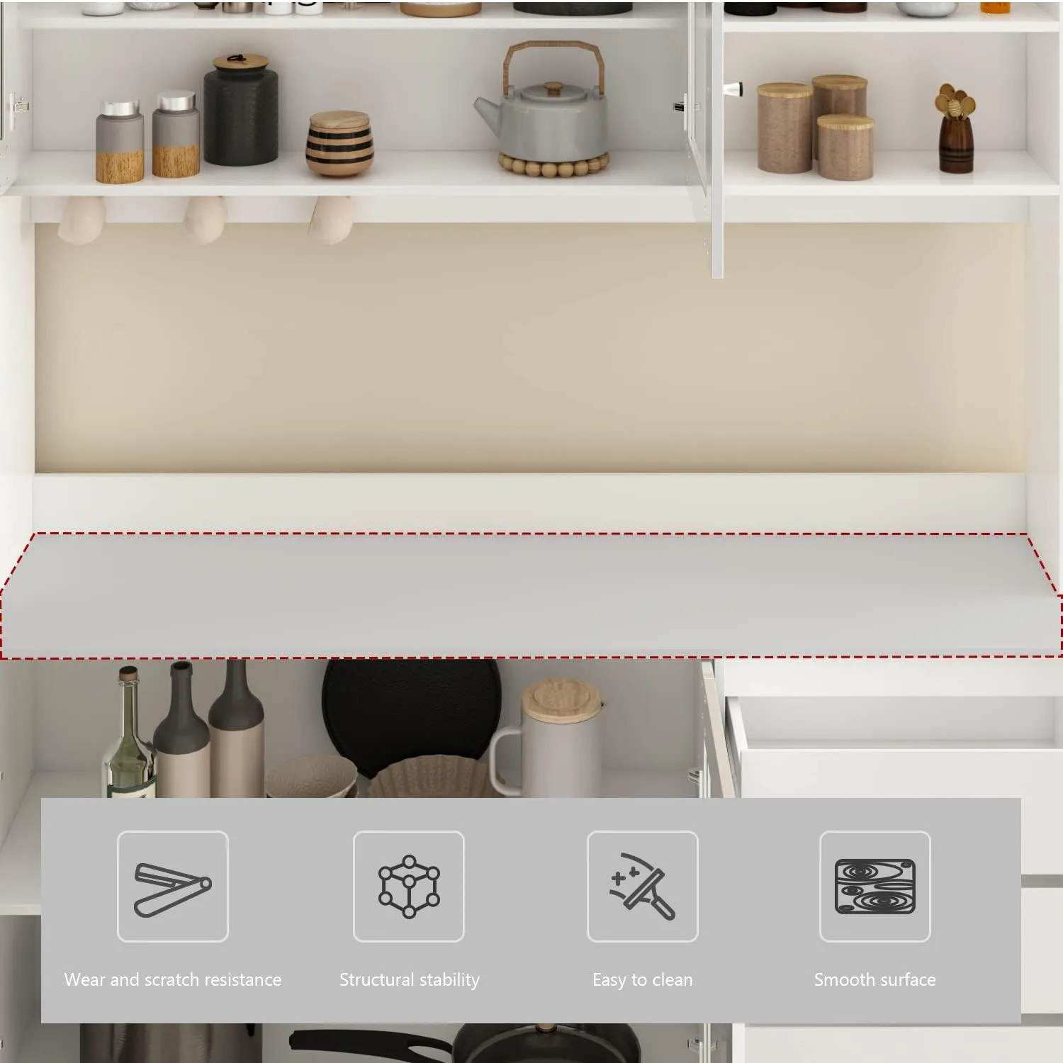 Large Kitchen Hutch Cabinet, Storage Cupboard Pantry with 4 Glass Doors, 4 Drawers & Microwave Shelf, for Kitchen Open Storage, White (63" W x 15.7" D x 74.8" H)