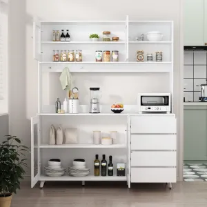 Large Kitchen Hutch Cabinet, Storage Cupboard Pantry with 4 Glass Doors, 4 Drawers & Microwave Shelf, for Kitchen Open Storage, White (63" W x 15.7" D x 74.8" H)