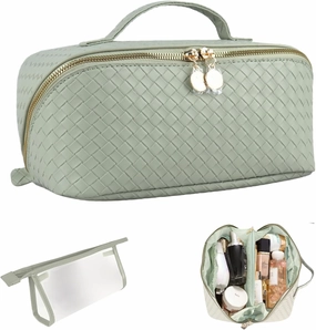 Large Capacity Travel Makeup Bag Organizer Set – Includes Transparent Pouch & Dust Bag – PU Leather Cosmetic & Toiletry Case for Women – With Dividers, Handle & Portable Design – [Green]