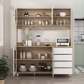 Large Kitchen Hutch Cabinet, Storage Cupboard Pantry with 4 Glass Doors, 4 Drawers & Microwave Shelf, for Kitchen Open Storage, White/Oak (63" W x 15.7" D x 74.8" H)
