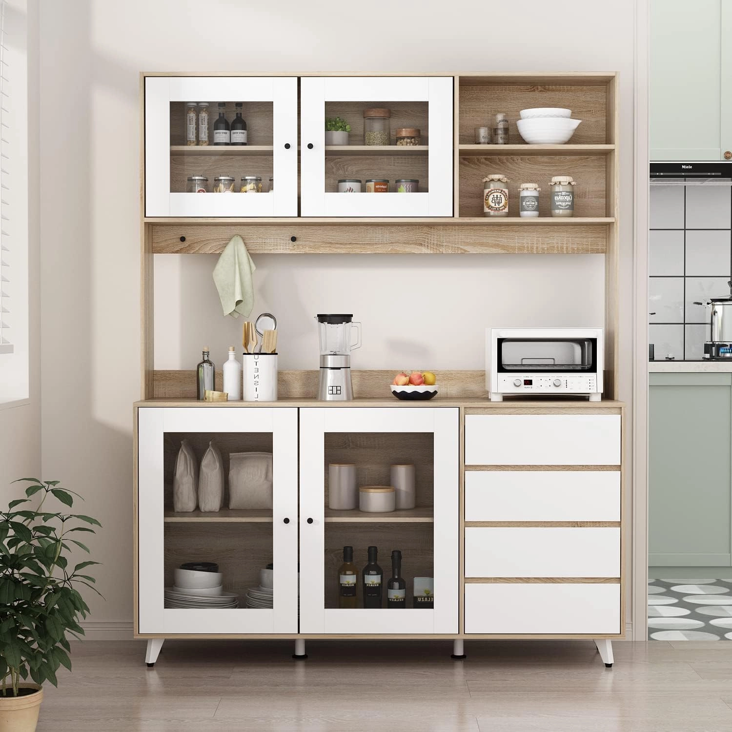 Large Kitchen Hutch Cabinet, Storage Cupboard Pantry with 4 Glass Doors, 4 Drawers & Microwave Shelf, for Kitchen Open Storage, White/Oak (63" W x 15.7" D x 74.8" H)