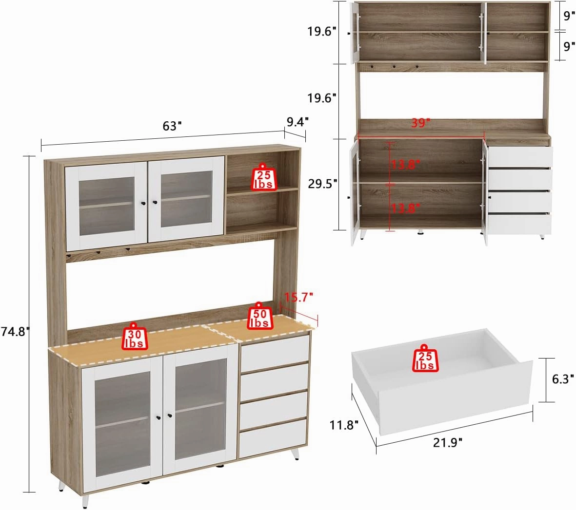 Large Kitchen Hutch Cabinet, Storage Cupboard Pantry with 4 Glass Doors, 4 Drawers & Microwave Shelf, for Kitchen Open Storage, White/Oak (63" W x 15.7" D x 74.8" H)