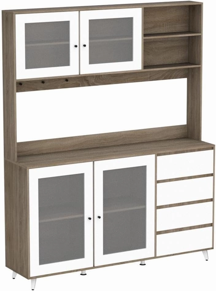 Large Kitchen Hutch Cabinet, Storage Cupboard Pantry with 4 Glass Doors, 4 Drawers & Microwave Shelf, for Kitchen Open Storage, White/Oak (63" W x 15.7" D x 74.8" H)