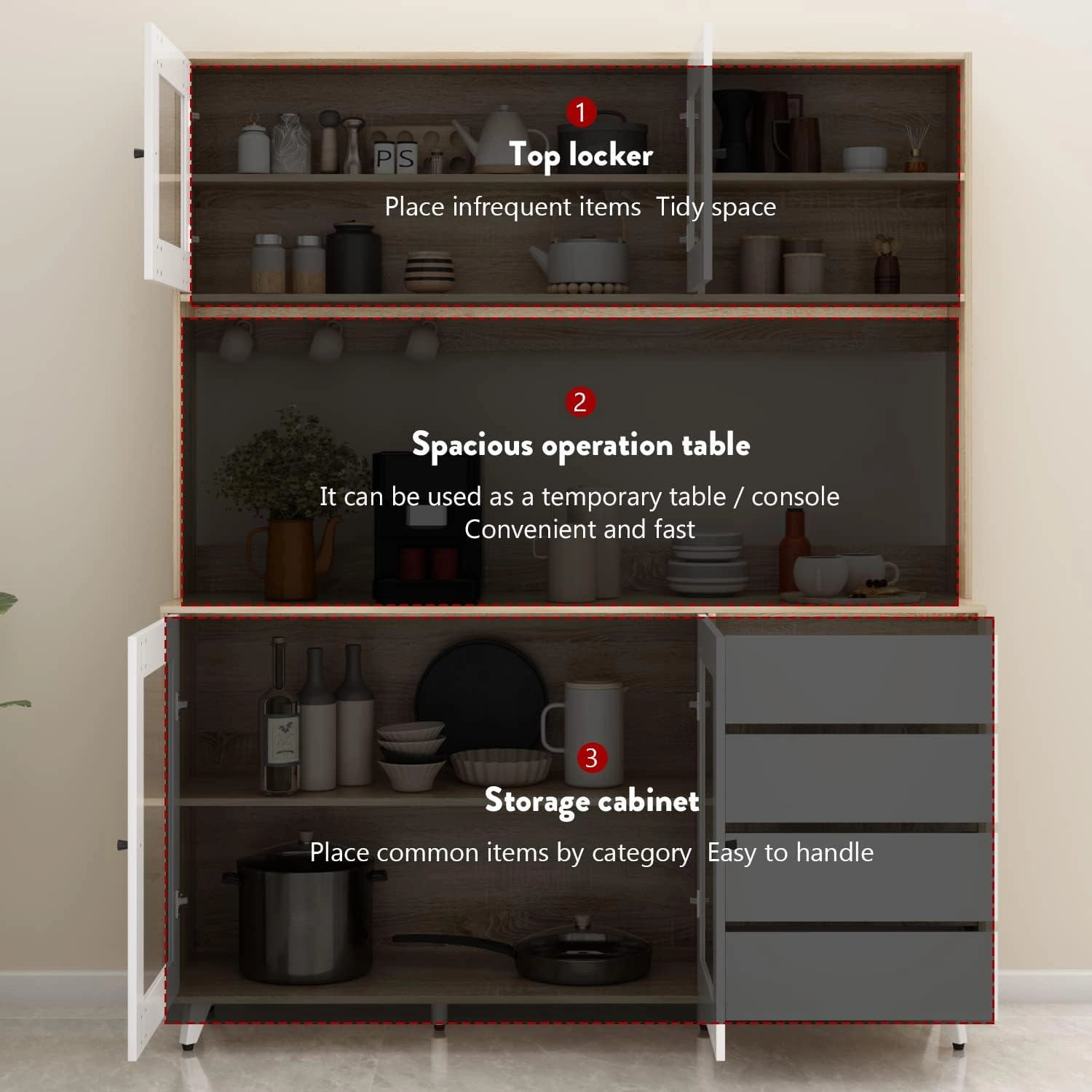 Large Kitchen Hutch Cabinet, Storage Cupboard Pantry with 4 Glass Doors, 4 Drawers & Microwave Shelf, for Kitchen Open Storage, White/Oak (63" W x 15.7" D x 74.8" H)