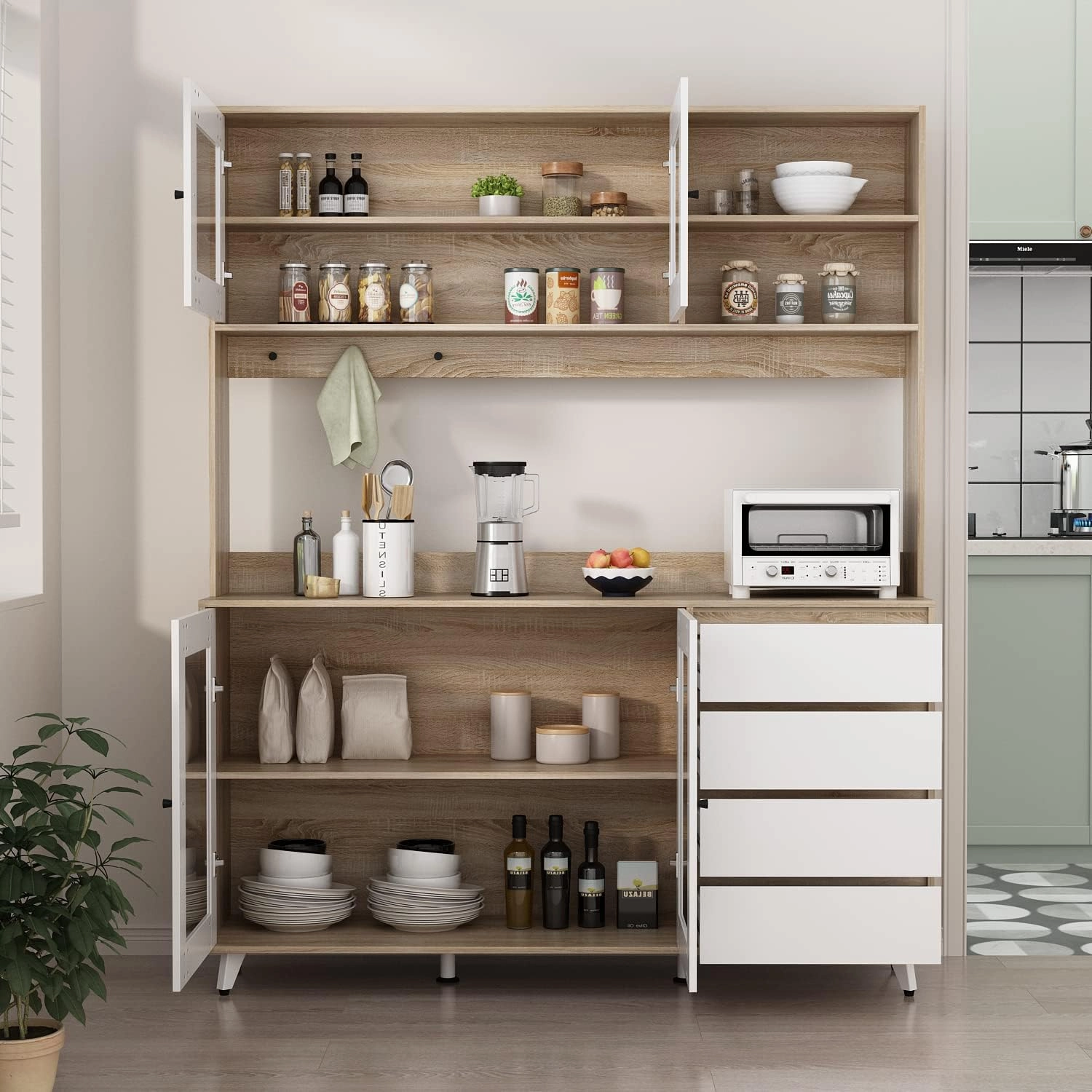 Large Kitchen Hutch Cabinet, Storage Cupboard Pantry with 4 Glass Doors, 4 Drawers & Microwave Shelf, for Kitchen Open Storage, White/Oak (63" W x 15.7" D x 74.8" H)