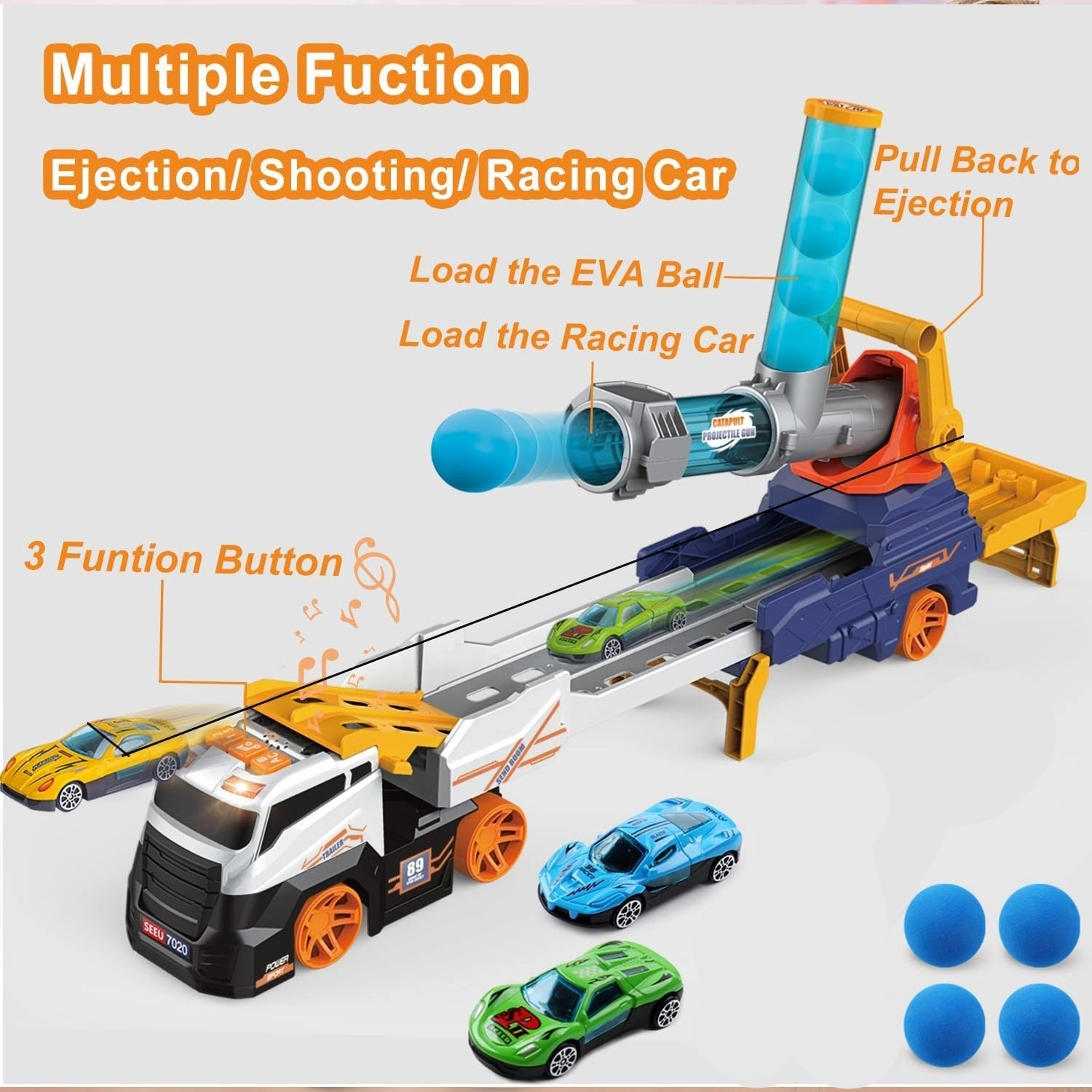 Large Truck Toys Include 2 Racing Cars 4 Ball, with Light & Sounds (Battery Not Included)