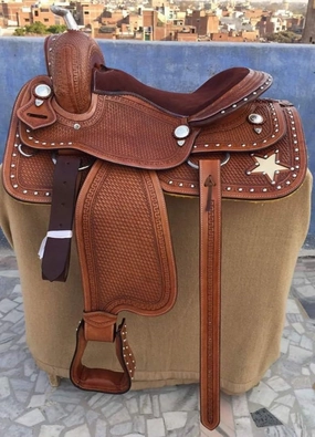 Leather Barrel Racing Western Horse Saddle Handmade Premium Horseback Comfort Riding Trail Equestrian Tooled Carved Horse Sdadles for Horse Riding Size: 10"-18" inches Seat, MOB280
