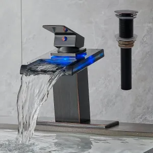 LED Bathroom Sink Faucet, Oil Rubbed Bronze Waterfall Single Hole Handle Vanity Faucets for Sinks 1 Hole with Metal Pop Up Drain and 2 Water Supply Lines, Open Glass Spout