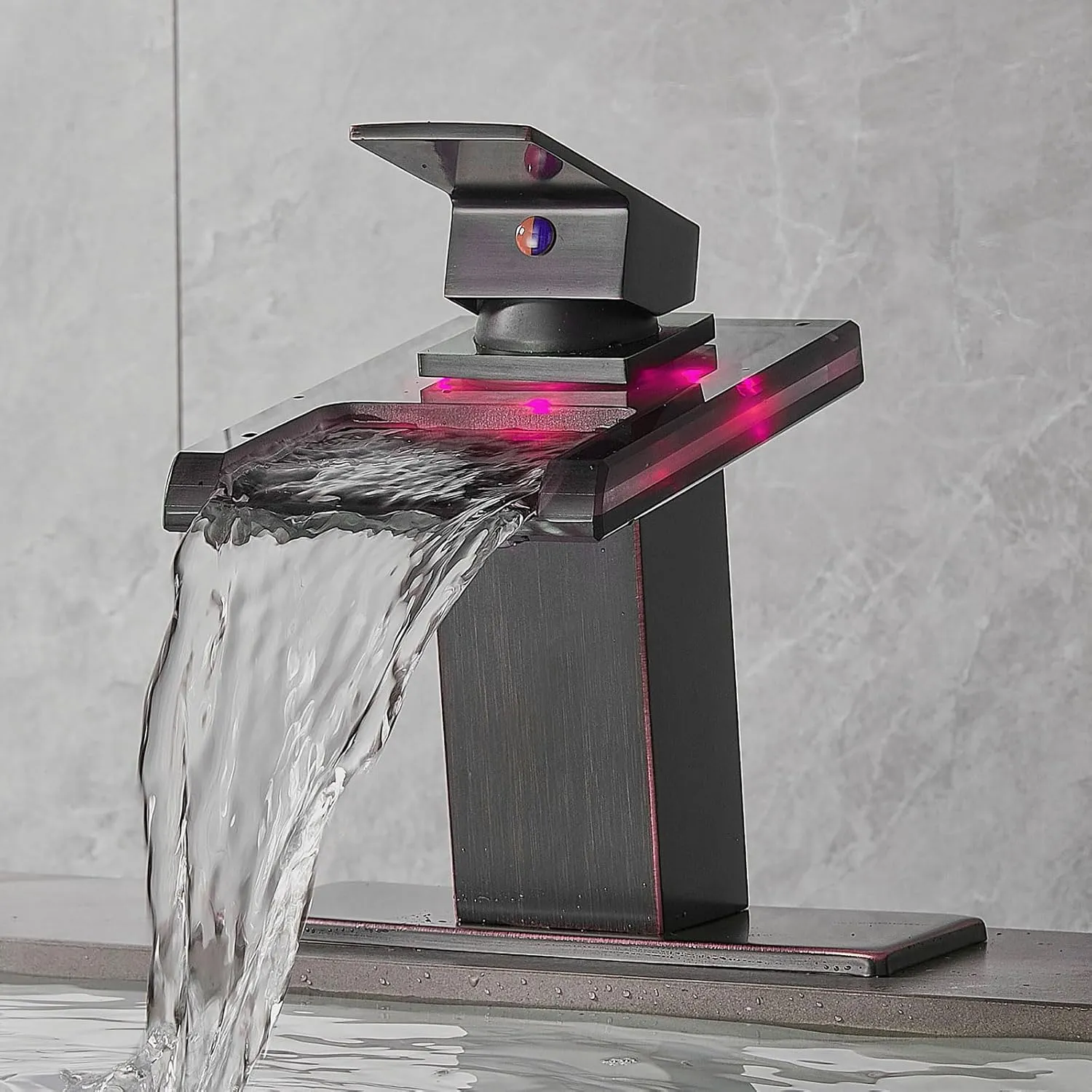 LED Bathroom Sink Faucet, Oil Rubbed Bronze Waterfall Single Hole Handle Vanity Faucets for Sinks 1 Hole with Metal Pop Up Drain and 2 Water Supply Lines, Open Glass Spout