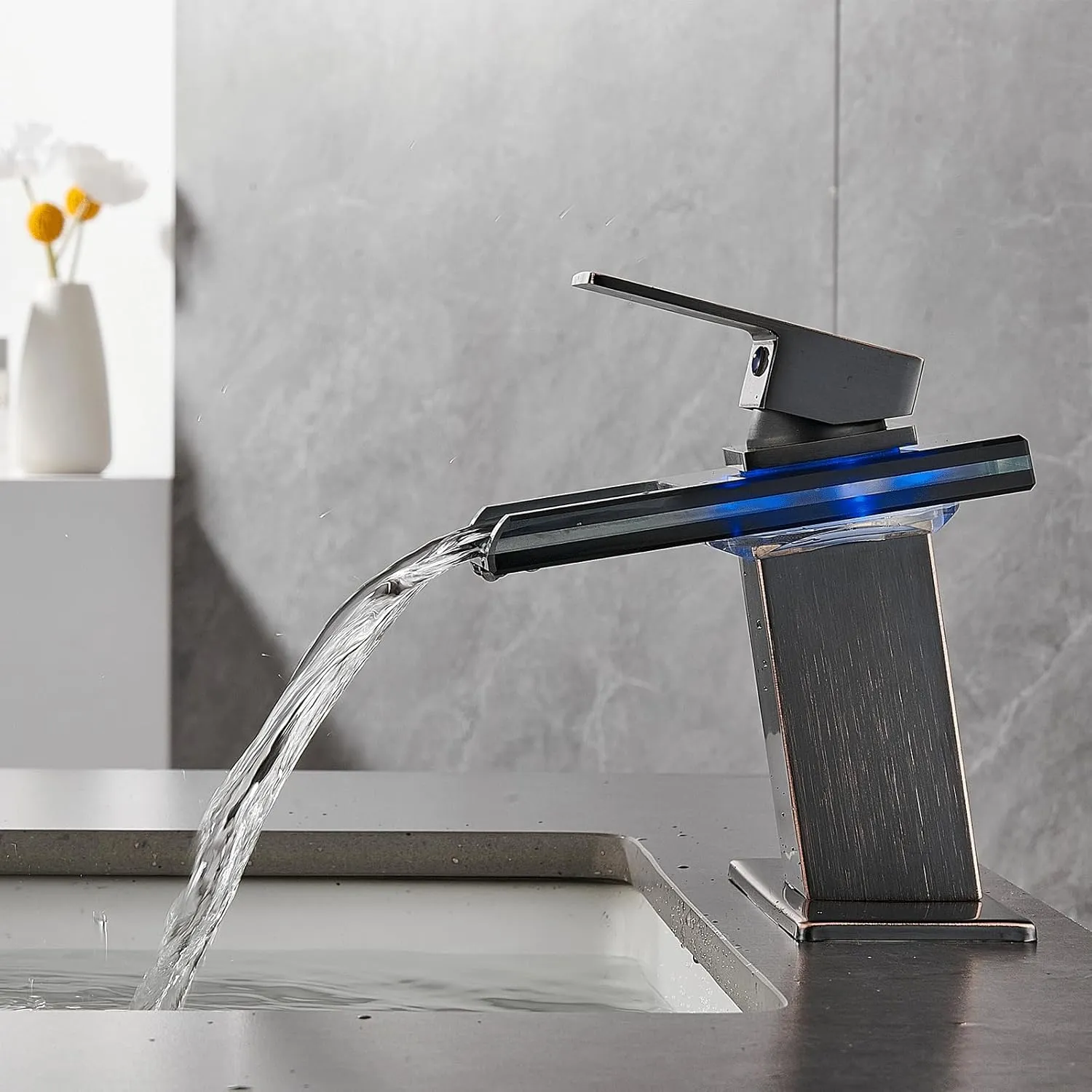 LED Bathroom Sink Faucet, Oil Rubbed Bronze Waterfall Single Hole Handle Vanity Faucets for Sinks 1 Hole with Metal Pop Up Drain and 2 Water Supply Lines, Open Glass Spout