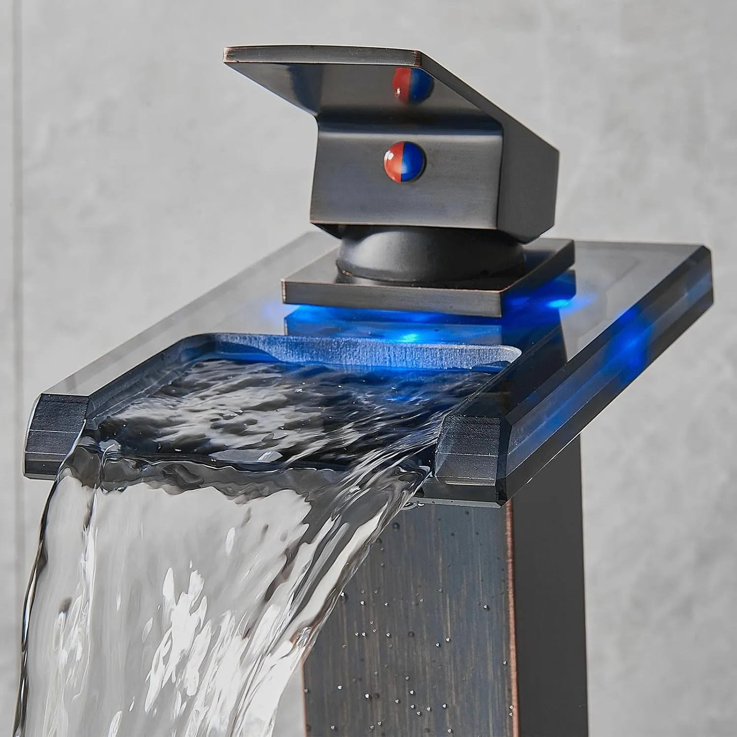 LED Bathroom Sink Faucet, Oil Rubbed Bronze Waterfall Single Hole Handle Vanity Faucets for Sinks 1 Hole with Metal Pop Up Drain and 2 Water Supply Lines, Open Glass Spout