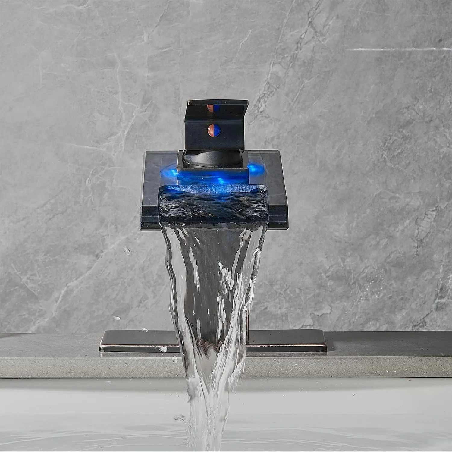 LED Bathroom Sink Faucet, Oil Rubbed Bronze Waterfall Single Hole Handle Vanity Faucets for Sinks 1 Hole with Metal Pop Up Drain and 2 Water Supply Lines, Open Glass Spout