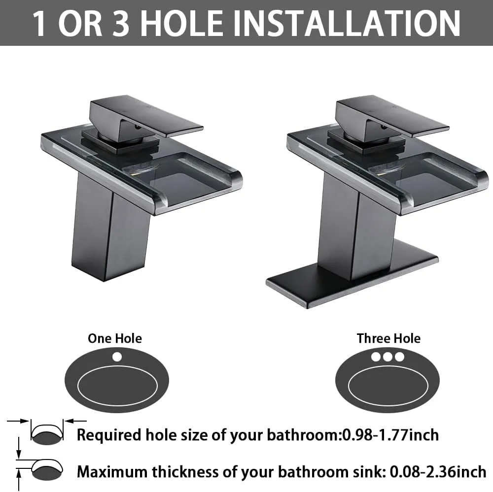 LED Bathroom Sink Faucet, Oil Rubbed Bronze Waterfall Single Hole Handle Vanity Faucets for Sinks 1 Hole with Metal Pop Up Drain and 2 Water Supply Lines, Open Glass Spout