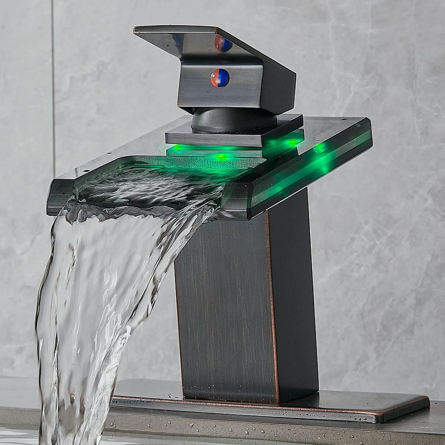 LED Bathroom Sink Faucet, Oil Rubbed Bronze Waterfall Single Hole Handle Vanity Faucets for Sinks 1 Hole with Metal Pop Up Drain and 2 Water Supply Lines, Open Glass Spout