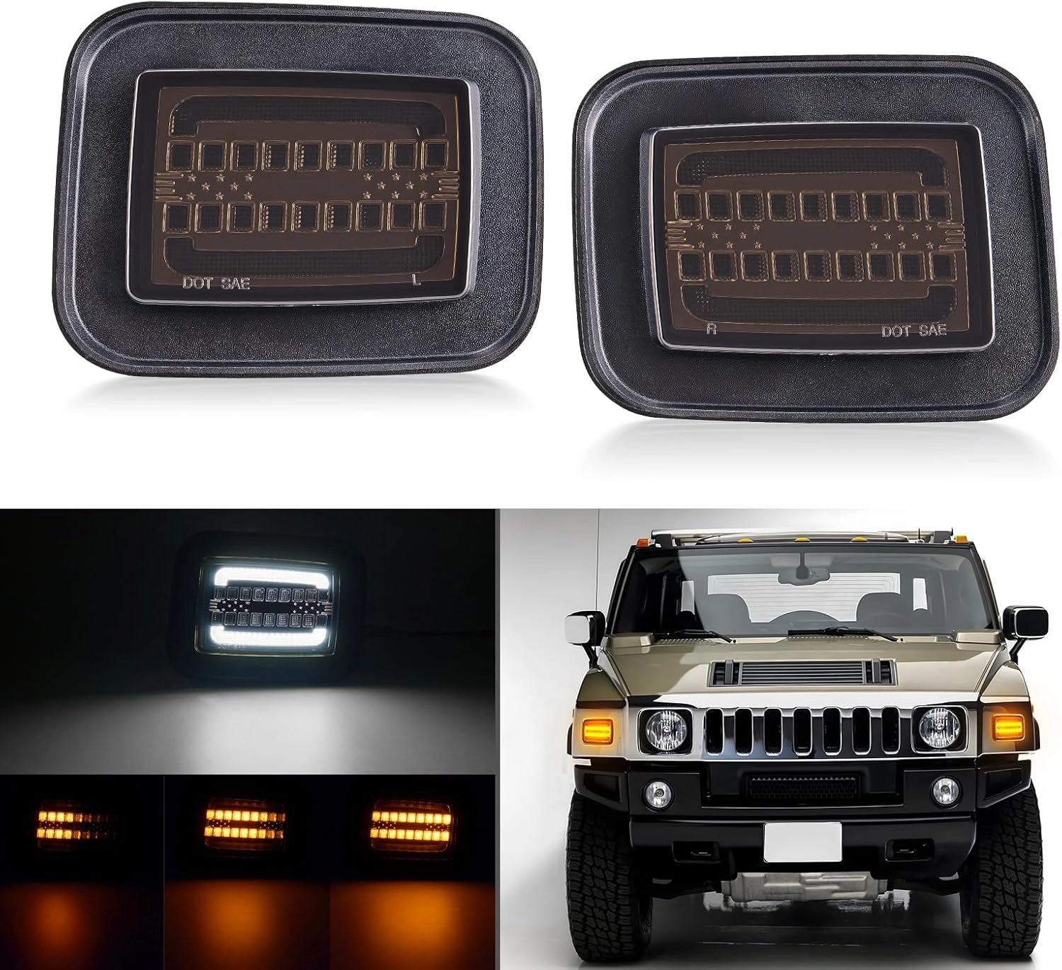 LED Front Turn Signal Corner Marker Lights Compatible with H2 2003-2009, Dynamic Amber Sequential Turn Signal Light   White Parking Lamp, Smoked Len