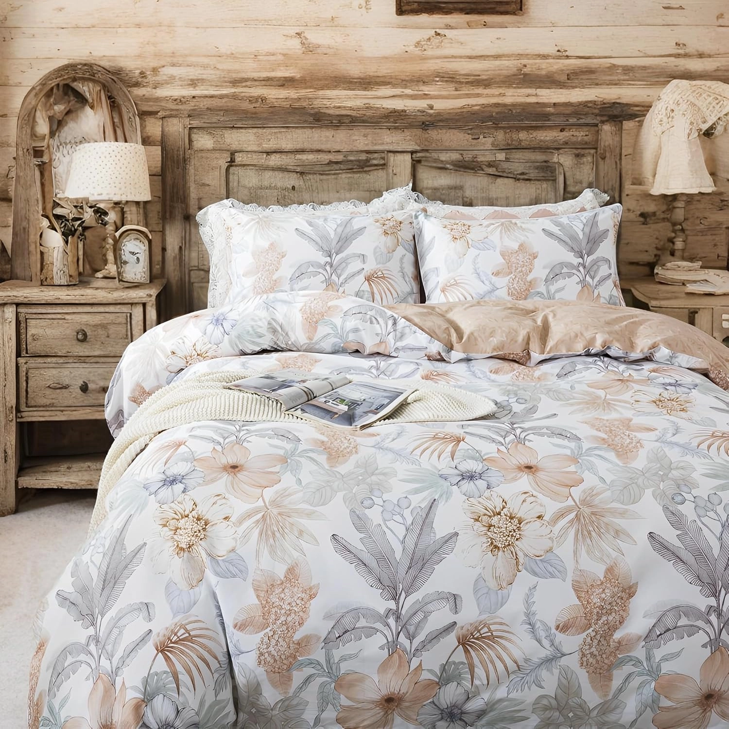 Lemfux King/Cal King Duvet Cover Set, Cotton 3 Pieces Floral Leaf Print White Duvet Cover with 2 Pillow Shams, Orange Grey Plant Pattern Comforter Cover Set with Metal Zippers Bedding Set