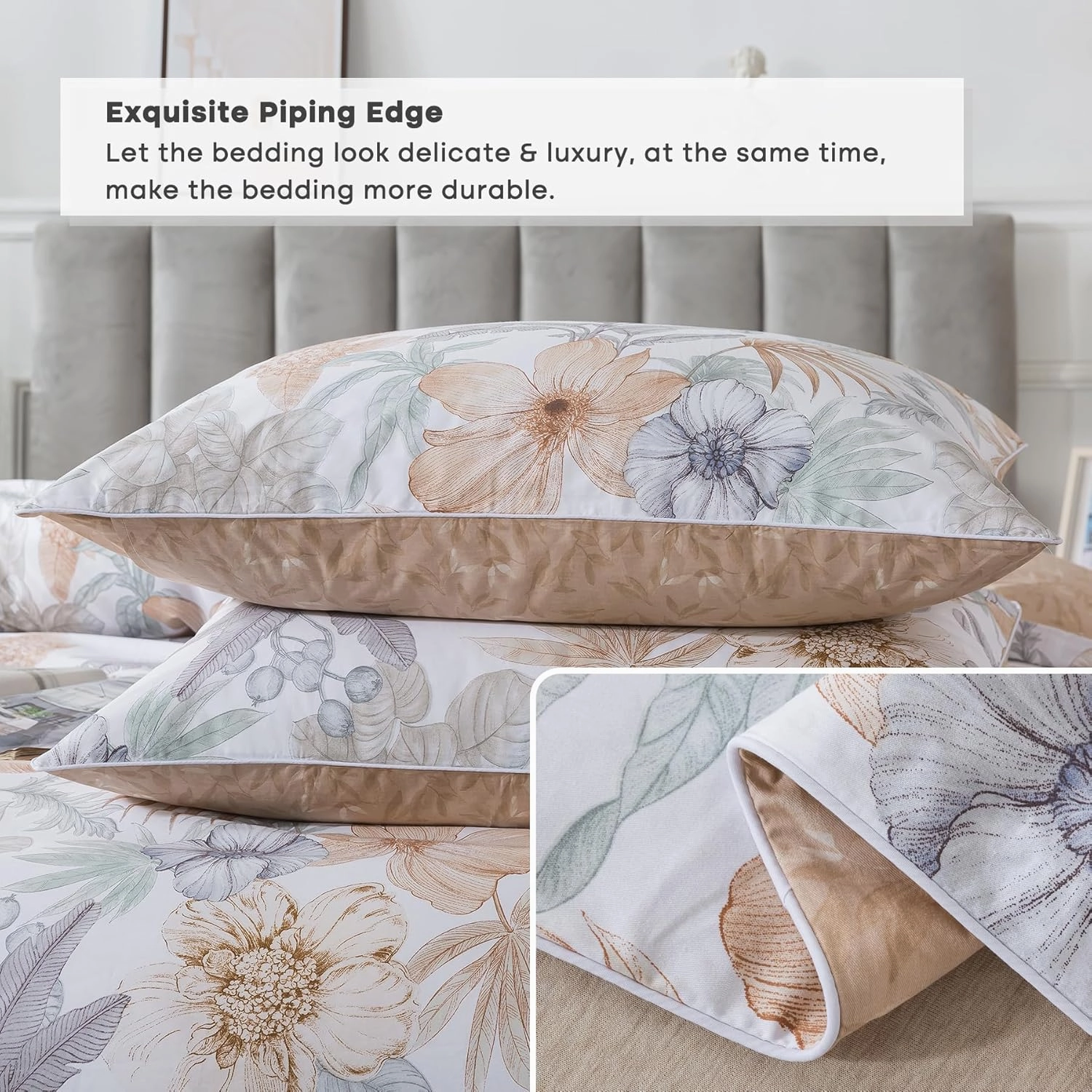 Lemfux King/Cal King Duvet Cover Set, Cotton 3 Pieces Floral Leaf Print White Duvet Cover with 2 Pillow Shams, Orange Grey Plant Pattern Comforter Cover Set with Metal Zippers Bedding Set