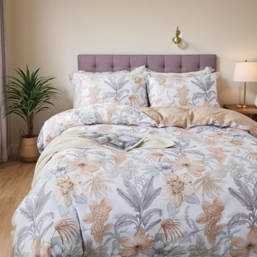 Lemfux King/Cal King Duvet Cover Set, Cotton 3 Pieces Floral Leaf Print White Duvet Cover with 2 Pillow Shams, Orange Grey Plant Pattern Comforter Cover Set with Metal Zippers Bedding Set