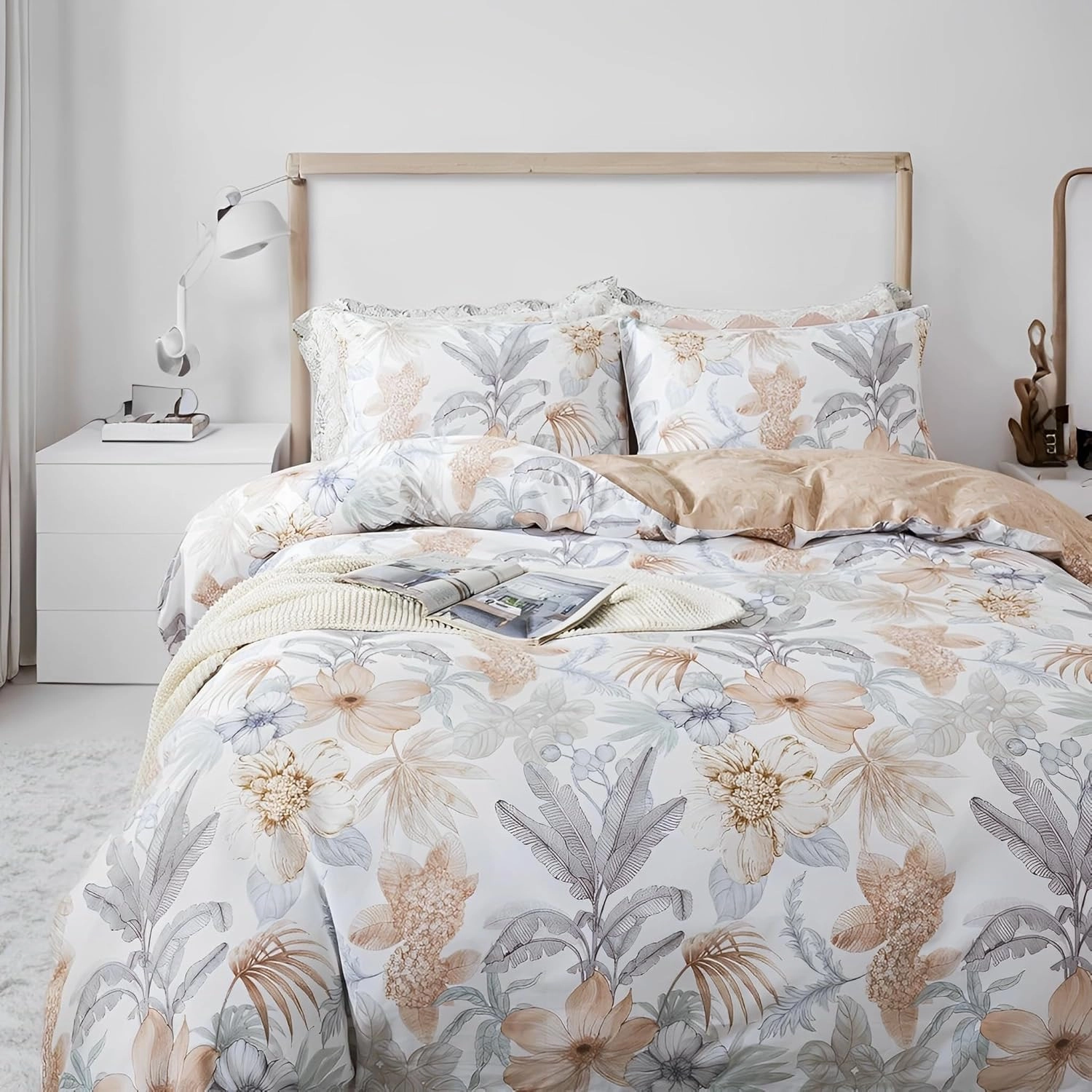 Lemfux King/Cal King Duvet Cover Set, Cotton 3 Pieces Floral Leaf Print White Duvet Cover with 2 Pillow Shams, Orange Grey Plant Pattern Comforter Cover Set with Metal Zippers Bedding Set
