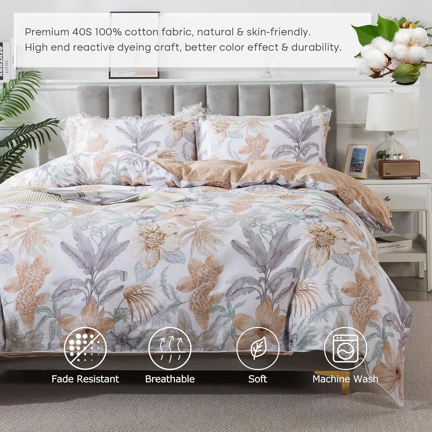 Lemfux King/Cal King Duvet Cover Set, Cotton 3 Pieces Floral Leaf Print White Duvet Cover with 2 Pillow Shams, Orange Grey Plant Pattern Comforter Cover Set with Metal Zippers Bedding Set