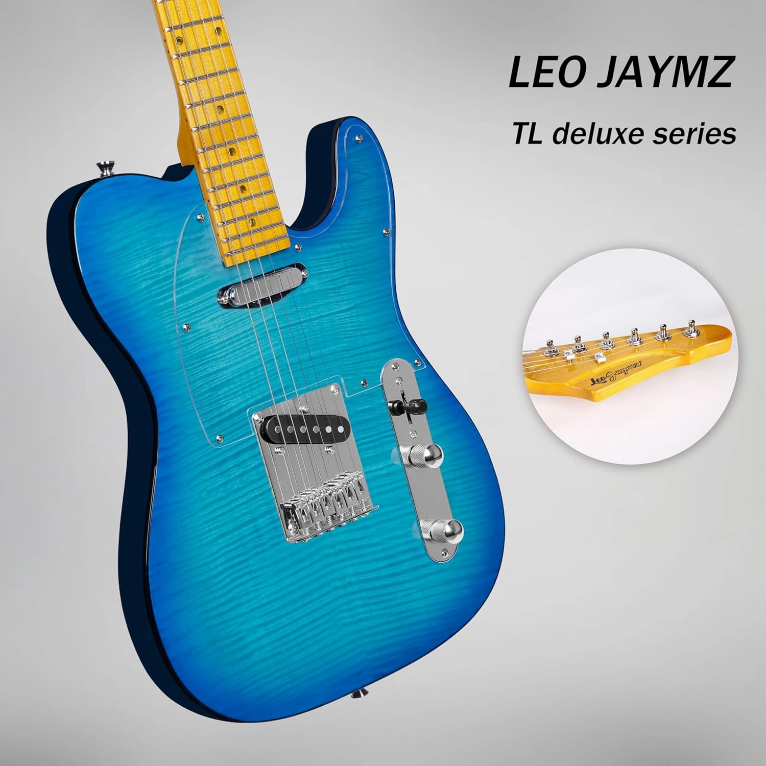 Leo Jaymz TL Style Electric Guitar with Flame Maple Top - High Gloss Mahogany Body and Hard Maple Neck - High Transparent Acrylic Pickguard (Transparent Blue Burst, Deluxe)