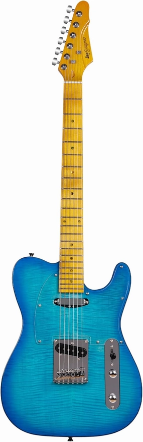 Leo Jaymz TL Style Electric Guitar with Flame Maple Top - High Gloss Mahogany Body and Hard Maple Neck - High Transparent Acrylic Pickguard (Transparent Blue Burst, Deluxe)