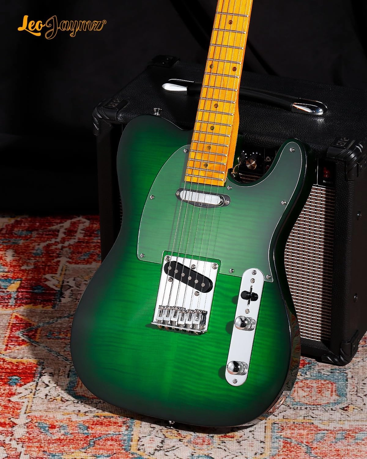 Leo Jaymz TL Style Electric Guitar with Flame Maple Top - High Gloss Mahogany Body and Hard Maple Neck - High Transparent Acrylic Pickguard (Transparent Green, Deluxe)