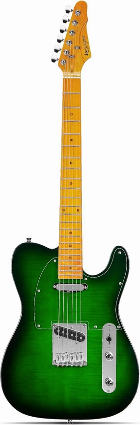 Leo Jaymz TL Style Electric Guitar with Flame Maple Top - High Gloss Mahogany Body and Hard Maple Neck - High Transparent Acrylic Pickguard (Transparent Green, Deluxe)