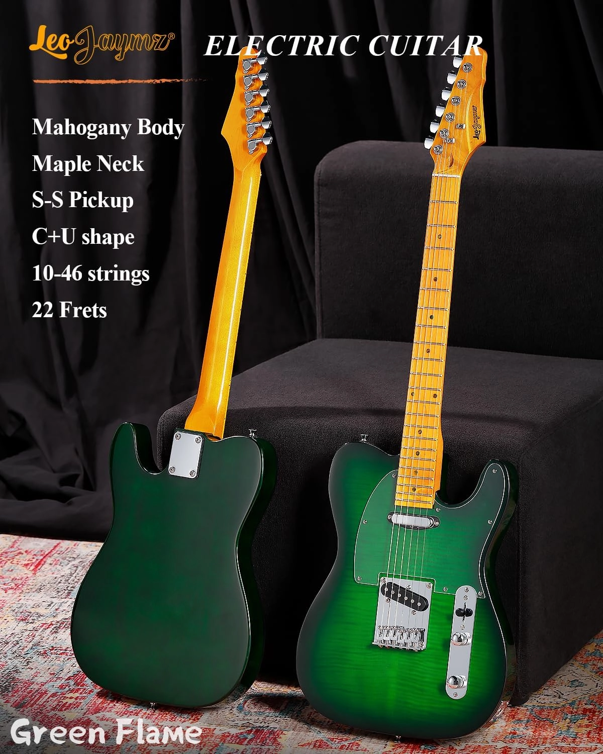 Leo Jaymz TL Style Electric Guitar with Flame Maple Top - High Gloss Mahogany Body and Hard Maple Neck - High Transparent Acrylic Pickguard (Transparent Green, Deluxe)
