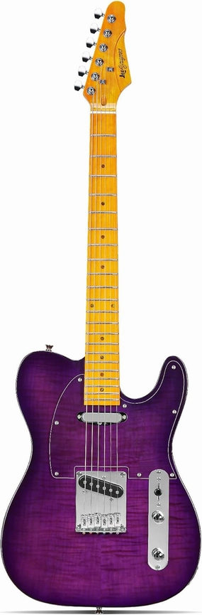 Leo Jaymz TL Style Electric Guitar with Flame Maple Top - High Gloss Mahogany Body and Hard Maple Neck - High Transparent Acrylic Pickguard (Transparent Purple, Deluxe)