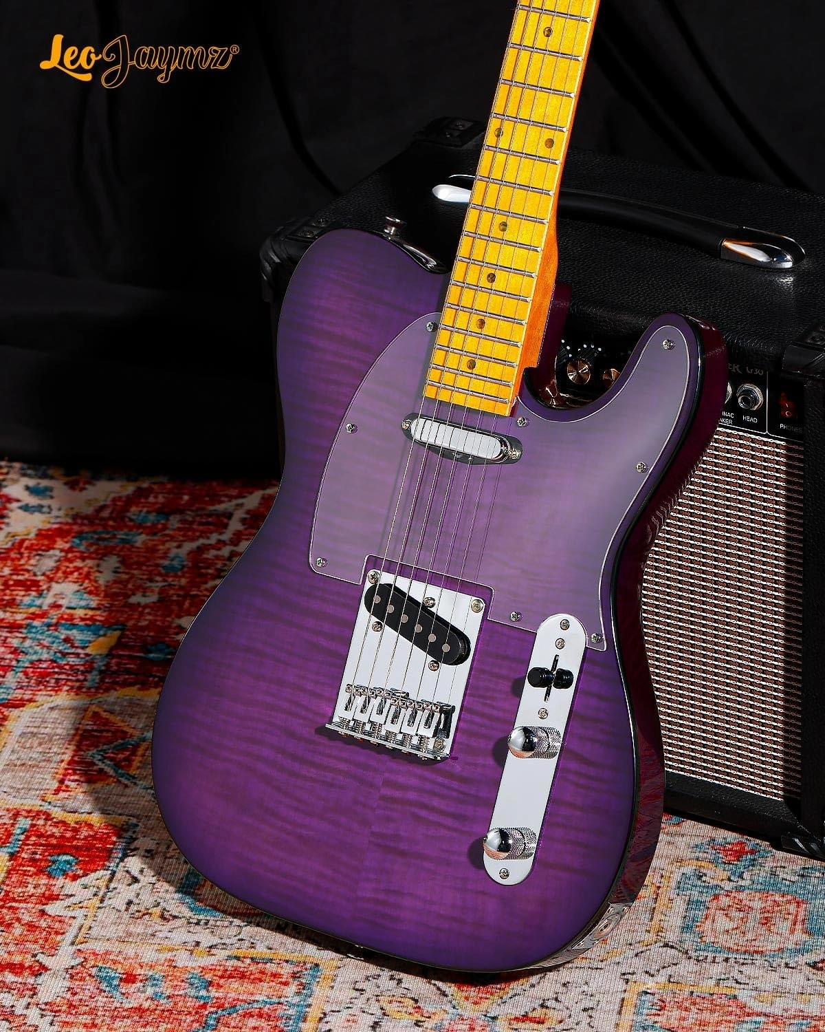Leo Jaymz TL Style Electric Guitar with Flame Maple Top - High Gloss Mahogany Body and Hard Maple Neck - High Transparent Acrylic Pickguard (Transparent Purple, Deluxe)